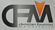 Logo gris CFM avec une flèche orange distinctive. Il inclut le texte 'christian fournier menuiserie', représentant une entreprise artisanale.