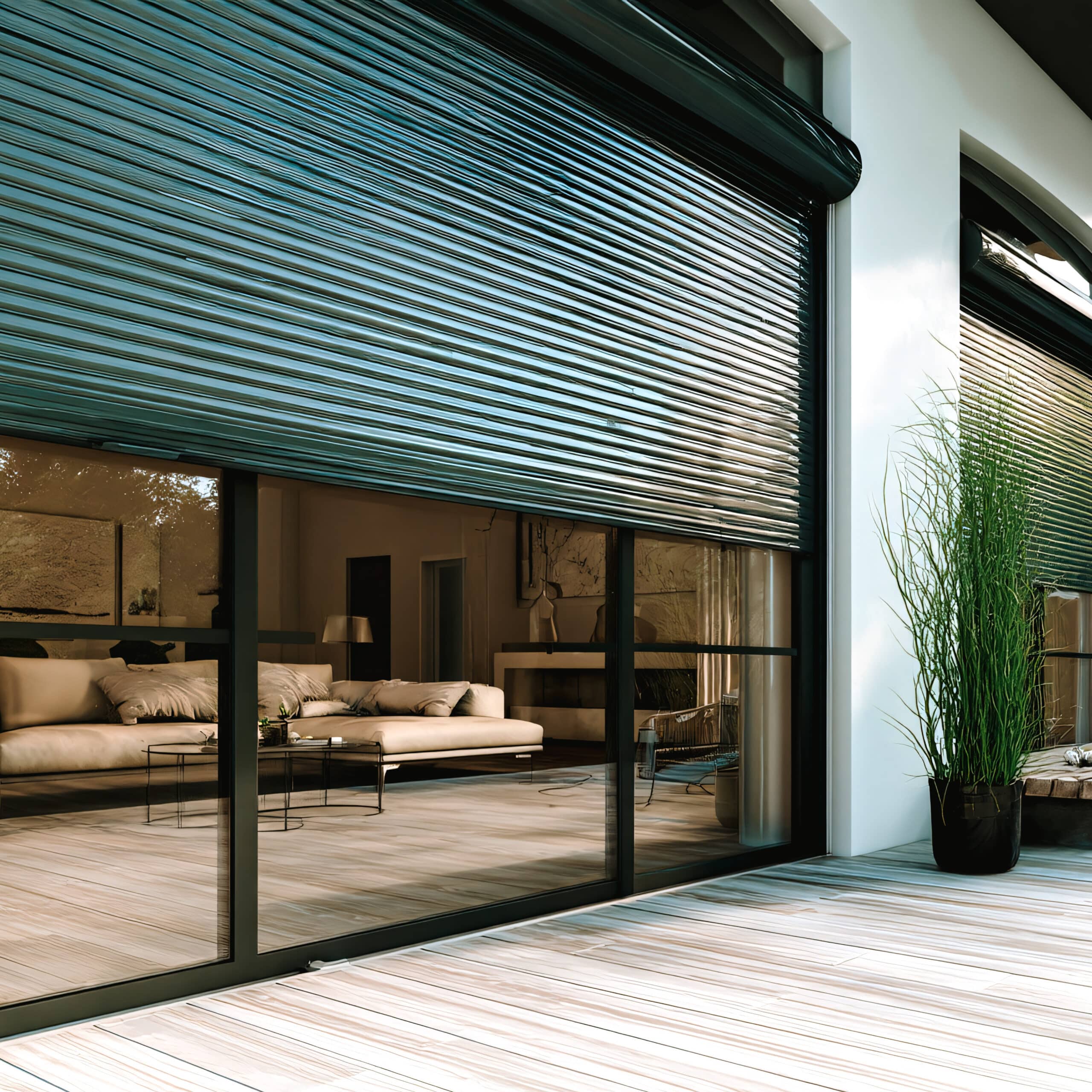 Volet roulant anthracite moderne fermé sur une grande baie vitrée, protégeant un salon élégant avec terrasse en bois.